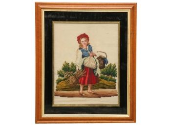 Antique Needlepoint Of Dutch Girl Carrying Water