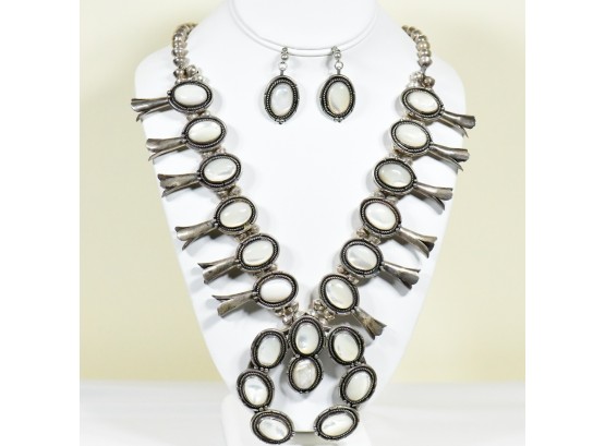 Art Deco Style Silver Tone Statement Necklace With Matching Earrings