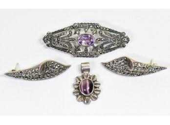 Sterling Silver Brooch, Pendant And Earrings  24g