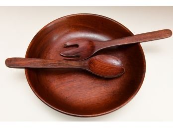 Mid Century Wooden Salad Bowl And Spoon