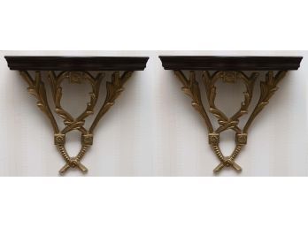 Pair Of  Brass And Wood Wall Sconces
