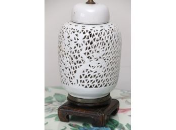 White Pierce Porcelain Table Lamp With Mahogany Base 30 Inches Tall