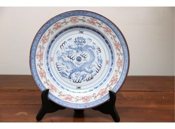 Tienshan Blue Dragon & Rice Pattern Chinese Porcelain Round Tray