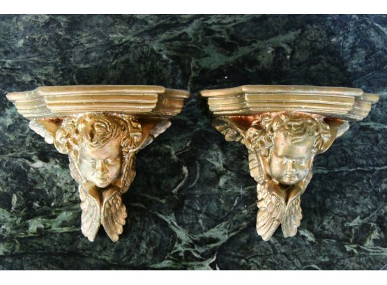 A Pair Of Ceramic Gold Painted Angel Wall Sconces