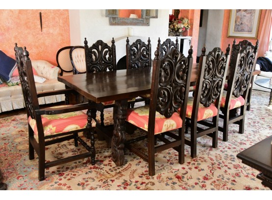 19th Century Spanish Tavern Solid Wood Table With 8 Chairs