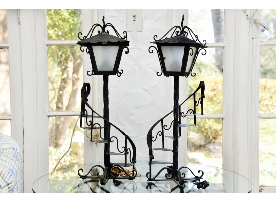 Vintage Wrought Iron Table Spiral Staircase Table  Lamps