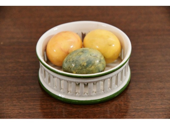 3 Polished Marble Eggs In Pierced Dish