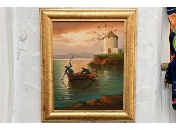 Oil On Canvas Windmill Waterscape Painting Artist Signed