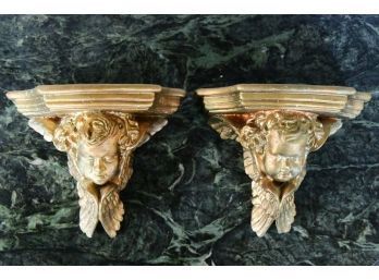 A Pair Of Ceramic Gold Painted Angel Wall Sconces