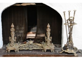 19th Century French Antique  Fireplace Set Including Amazing Andirons