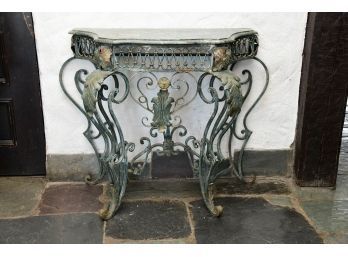 French 1920s Wrought-Iron Console Table With Curvy Base And Green Marble Top
