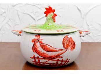 Hand Painted Clay Rooster Covered Bowl
