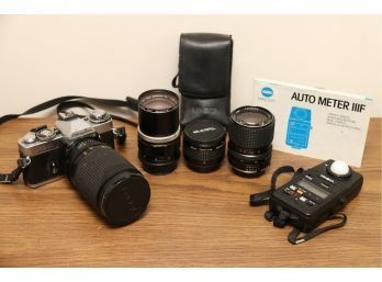 Minolta Camera With Auto Meter And Lenses