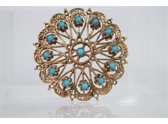 Open Filigree Brooch With Turquoise In 14k Yellow Gold