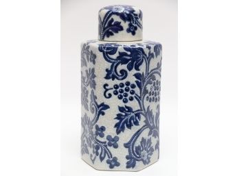 Hexagonal Traditional Ginger Jar With Lid Blue & White Bold Floral Vine Motif