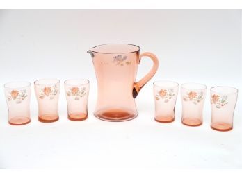 Vintage Pink Glass Pitcher With Matching Glasses