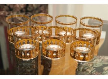 Set Of Seven Mid Century Gold Trim Drinking Glasses