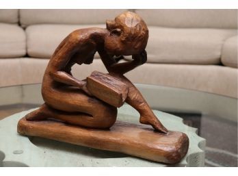Nude Female Reading Carved Wooden Sculpture