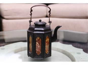 Cast Iron Asian Teapot With Hand Painted Panels