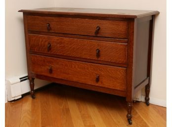 Vintage Tiger Oak Three Drawer Dresser On Wheels