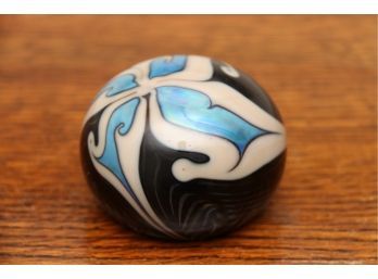 Signed Black, Blue & White Glass Paperweight