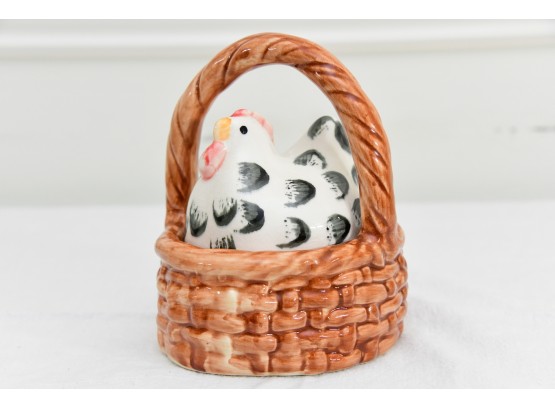 Porcelain Covered Dish Rooster In Basket