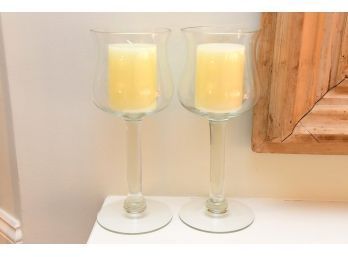Pair Of Glass Pillar Hurricanes With Crate And Barrel Candles