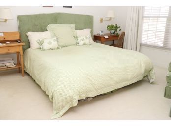 King Bed With Green Breckenridge Headboard With Piping Includes Bedding Mattress And Frame