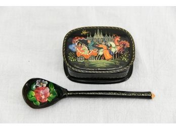 Small Black Painted Box And Small Spoon