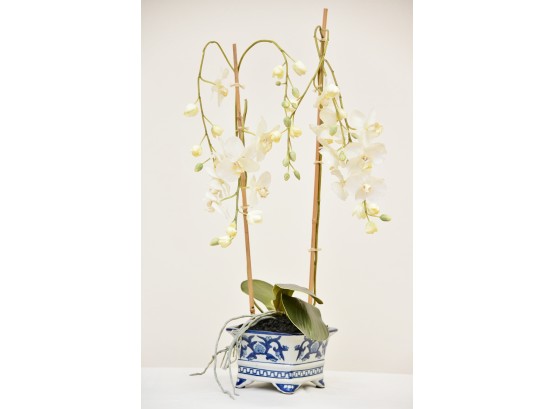Faux White Orchid In Blue And White Asian Vase