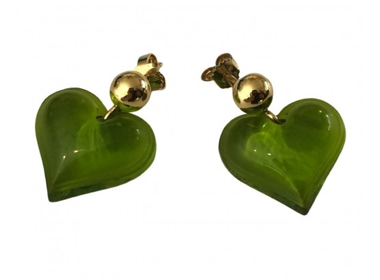 Lalique Green Crystal Earrings With 14k Gold