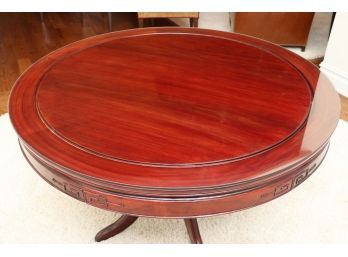 Asian Rosewood Round Table With Pedestal Base And Glass Top