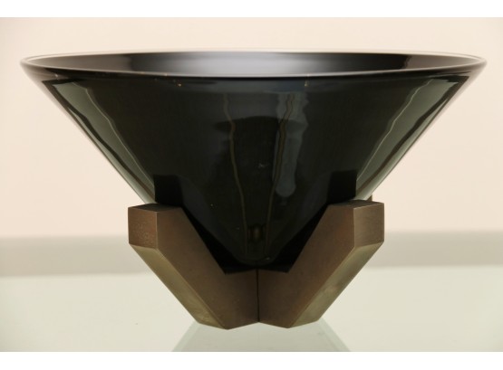 Vintage Signed Tapered Black Glass Bowl On Heavy Base