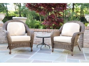 Pair Of Patio Wicker Arm Chairs With Side Table