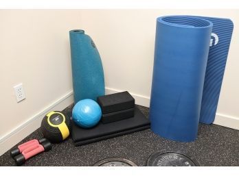 Gym Exercise Equipment Lot Including Yoga Mats, Medicine Balls, Hand Weights And More