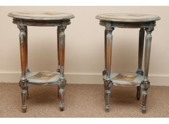 Pair Of Hand Decorated Light Blue Side Tables Made In Italy