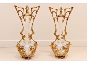 Metal And Glass Covered Vases