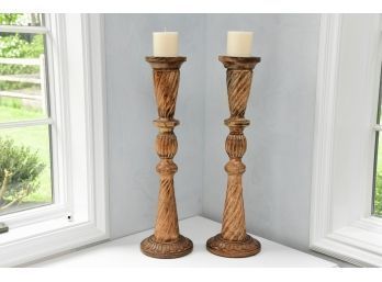 Pair Of 24 Inch Tall Wooden Candle Pillars