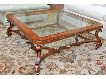 Marge Carson Calais Aged Burl Wood Large Square Coffee Table