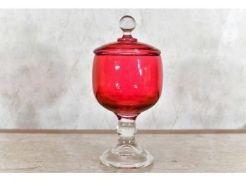 Cranberry Glass Pedestal Covered Dish