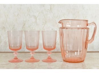 Pink Depression Glass Pitcher With 3 Glasses