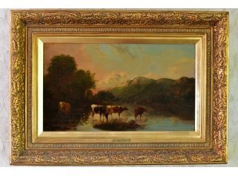 19th Century American School Oil Painting Of Cows  In Pasture Signed  B Smith