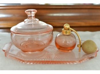 Pink Depression Glass Dresser Tray And Atomizer