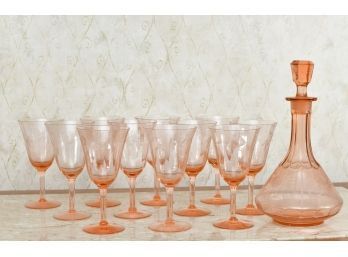 Pink Depression Glass Wine Decanter With 11 Floral Etched Glasses