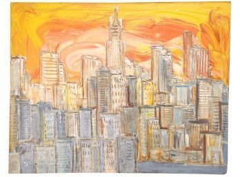 NYC City Skyline Mid Century Modern Oil On Canvas