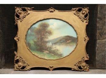 Oil Painting Of Landscape Lake In Gold Frame