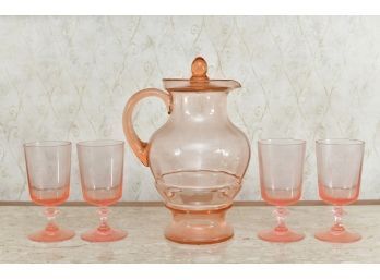 Depression Glass Pitcher And 4 Glasses
