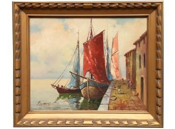 Oil On Canvas Ships At Dock Signed Szymon