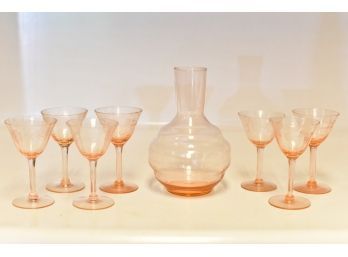 Pink Depression Glass Decanter With 7 Glasses