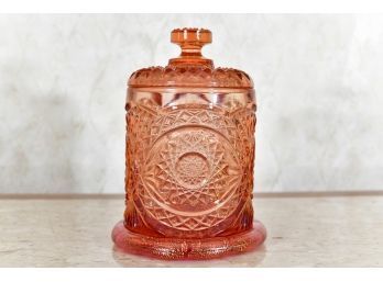 Pink Glass Covered Jar With Under Dish